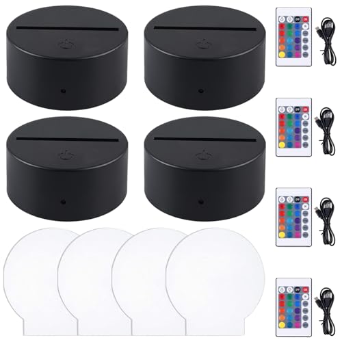 BAIFULAI Base de luz LED, 4 unidades, 3D con panel de luz, mando a distancia y cable USB, 16 colores ajustables, control táctil, luz nocturna LED, base de luz para acrílico y plexiglás