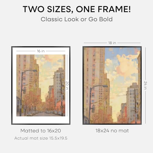Image of Homeforia 18x24 Poster Frame Black, High End Metal 18 x 24 Picture Frames with Mat 16 by 20 inch Photo, 18x24 Black Frame Matted to 16x20 Print, 24x18 Hanging Frame, Tempered Glass, Wall Kit, Set of 1