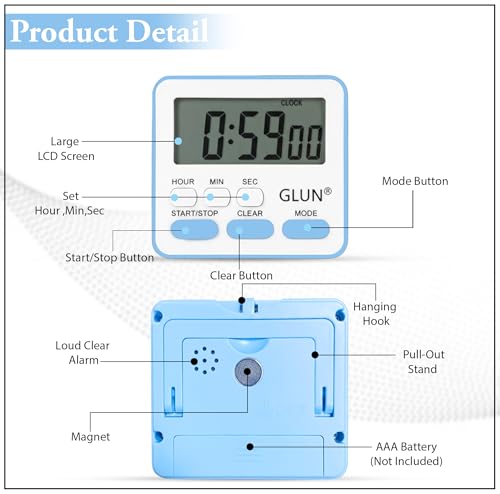 Image of GLUN Digital Kitchen Timer & Stopwatch, Large Digit Countdown, Loud Alarm Clock with Back Magnetic Retractable Stand for Baking, Cooking Study, Office, Gym, Athlete and Student (Blue)