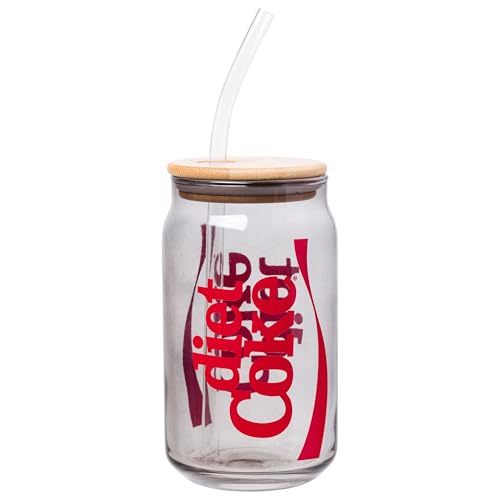 Silver Buffalo Coca-Cola Diet Coke Glass Jar Tumbler with Bamboo Lid and Plastic Straw, 16 Ounces
