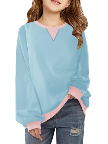 Haloumoning Girls Casual Crewneck Sweatshirts Kids Long Sleeve Oversized Fashion Pullover Tops 5-14 years Sky Blue