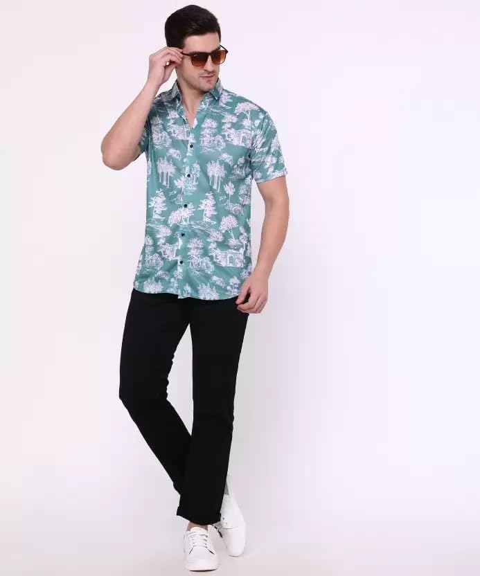 Image of LookMark Men's Stylish Lycra Blend Half Sleeve Shirt with Spread Collar - Featuring Trendy Prints for Casual Wear