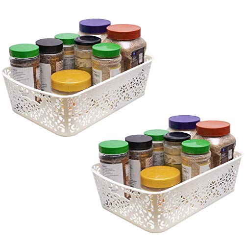 Image of Cutting Edge Essentials Plastic Storage Baskets /Shelf /Turkish Rack with Lid - Set of 2 for Fruit Vegetable Bathroom Stationary Home Basket with Handle (Cream, Medium)