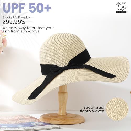 Image of Beach Hats for Women - Sun Hat Womens, Wide Brim Straw Womens Sun Hat with Wind Lanyard Roll Up Foldable UV Protection