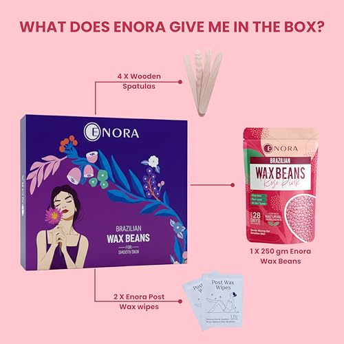 Image of ENORA Brazilian Stripless Wax Beans for Women (250g) | With Wooden Spatula | Natural | For Face, Chin, Hairline, Bikini Area & Full Body Hair Removal (250 Gram, Rose Pink)