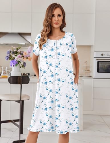 Image of Ekouaer Nightgowns for Women with Pockets Button Front Short Sleeve House Dresses Floral Print Mumu Dress