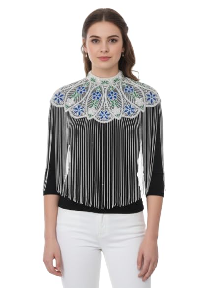 jedco White Multi Beaded Women Cape Shrug, Floral Embroidered Net Poncho Elegant Embroidery-picture-27