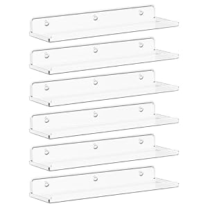 Lifewit Floating Shelves for Bathroom 15″, Over-the-Toilet Storage Rack, Acrylic Wall Organizer for Book/Figures/Photo/Makeup, Display Shelf for Living Room Decor, Bedroom, Kitchen, Clear, 6 Pack