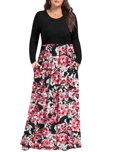 Womens Plus Size Maxi Dress Casual Long Sleeve Long Dresses with Pocketss Retro Red Flower 4X