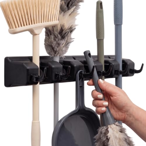 Image of Broom Holder Wall Mount, Mop and Broom Organizer - Wall Mounted Broom Rack & Mop Rack, Rack for Brooms and Mops | Broom Hanger Wall Mount with 5 Slots & 6 Hooks, Kitchen Garage Laundry Garden