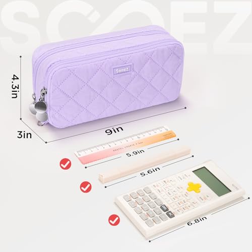 Image of Sooez Large Pencil Case Pouch, Extra Big Pencil Bag with 8 Compartments, Pen Bag Wide Opening, Soft Quilted Pencil Pouch Organizer with Zipper, Portable Pencil Case for Teen Girls, Purple
