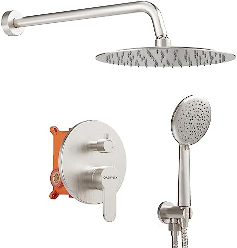 Gabrylly Brushed Nickel Shower System, Wall Mounted Shower Faucet Set for Bathroom with High Pressure 12" Stainless Steel Rain Shower head and 5-Setting Handheld Shower Set, 2 Way Shower Valve Kit