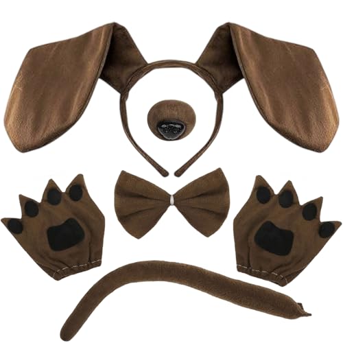 5 Stück Dackel-Hunde-Set, Welpen Kostüm Set, inklusive Dackel-Haarband, Nasenschwanz, Handschuhe, Fliege, für Cosplay, Kindertag, Weihnachten, Tier-Mottoparty, Karneval, Maskerade