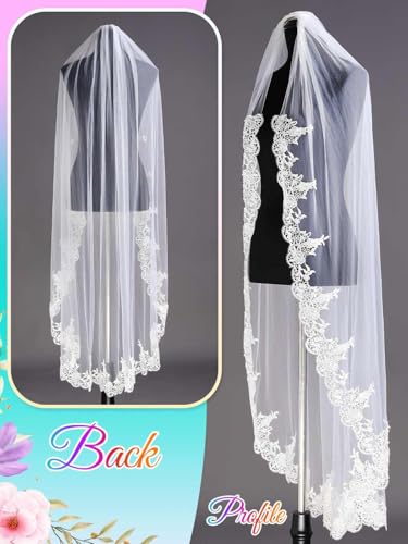 Latious Lace Wedding Veils White 1 Tier Floral Bridal Veil Long Tulle Veils with Comb for Brides and Women (White)