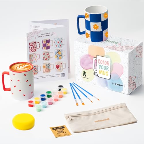 Winund – Set de 2 Tazas para Pintar con Pinturas Cerámica (12 Colores Pastel + Estándar), Pinceles, Esponja e Instrucciones – Manualidades Creativas y Regalo Original para Adultos y Niños