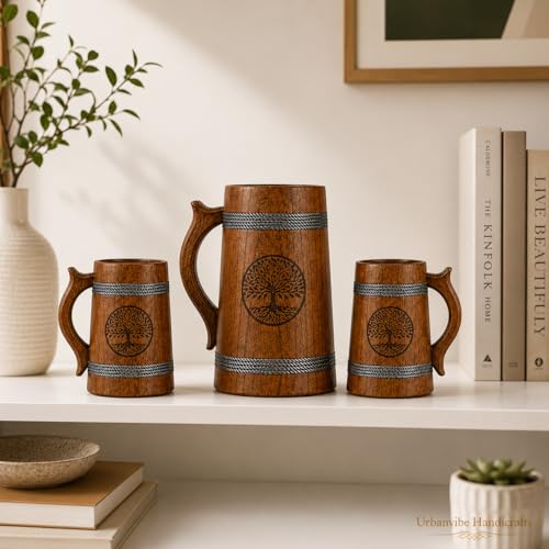 Image of Tree Imprinted Wooden Beer Bar Combo Set|Beer Mug | Barrel Shaped Jumbo Mug|Brown|(2 Small Beer Mug 350ML Size: 5 x 4 inches Each & 1 Beer Jug Large 750ML Size: 7 x 4.5 inches)