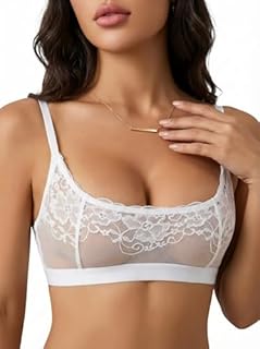 BFTBTY Women's See Through Bras Sheer Mesh Floral Lace Bralette Sexy Unlined Wireless Lingerie White M