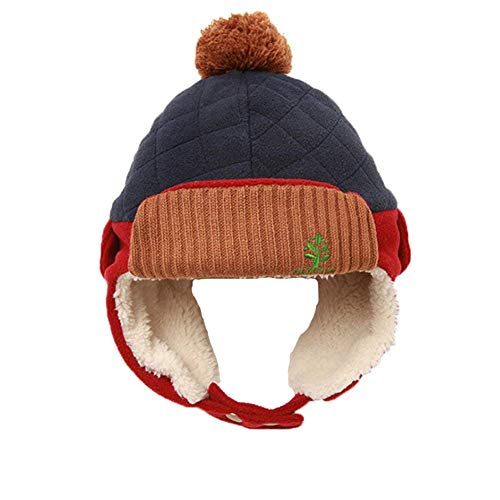 LeafIn ニット帽 キッズ 飛行帽 パイロット パイロットキャップ ベビー 帽子 子供 耳あて 防寒 ポンポン 女の子 男の子 春 秋 冬 (ネービー/レッド, XL(52-56cm))