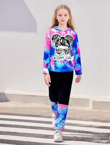 Image of Girls 2 Pcs Fall Winter Tie Dye & Leggings Outfits For Teens 5-14 | 2026 Girls Fashion Trendy, Long Sleeve Hoodie, Cool Life Print, Patchwork Pants, Back to School Holiday Tracksuit