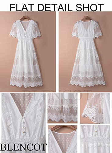Blencot Womens Casual Summer Floral Lace Long Dress Short Sleeve Elegant Bohemian Dress Fashion Flowy Maxi Dress White Small #TOP3