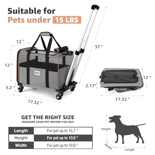 Lekereise Cat Carrier with Wheels for Small Pet, Airline Approved Dog Carrier with Wheels, Rolling Dog Cat Carrier, Grey