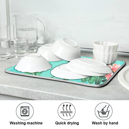 Absorbent Dish Drying Mat Microfiber - Teal Roses Flower Drying Pad For Kitchen Counter 18 X 24 Inch #TOP6