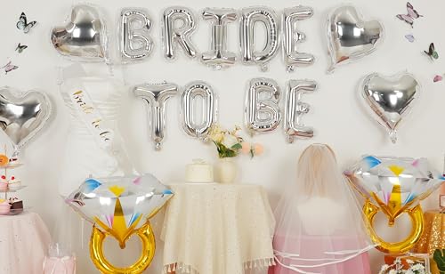 Image of Silver Bachelorette Party Decorations, Silver Bride to Be Banner Heart Balloons with Diamond Ring Foil Balloon, Gold Bride to Be Sash&Veil for Bachelorette Engagement Gift Bridal Shower Party Supplies