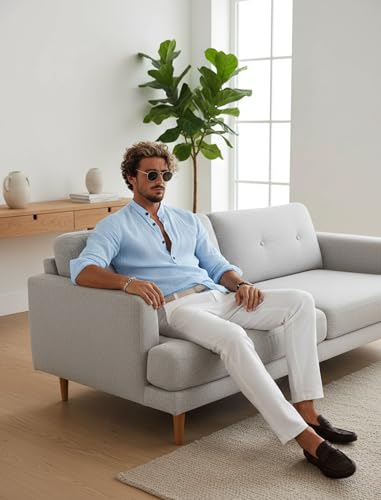 Image of Men's Cotton Blend Straight Kurta Shirt with Mandarin Collar - Slim Fit Casual Short Kurti Featuring Textured Slub Fabric and Roll-Up Full Sleeves