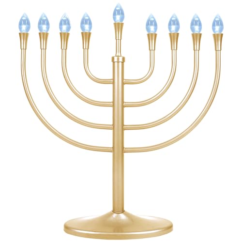 Zion Judaica Traditional Gold Tone Electric Menorah with LED Lights Metal Hanukkah Candelabra with USB & Wall Adapter Long-Lasting LED Bulbs Push-Button Operation Elegant Modern Display Hanukkiah