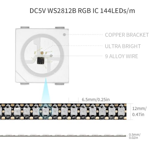 Image of WS2812B IC RGB 5050SMD ECO Individual Addressable LED Strip Light, 3.2FT 144LED /m Flexible Full Color IP30 DC5V Black PCB for DIY Project (No Power Adapter or Controller)