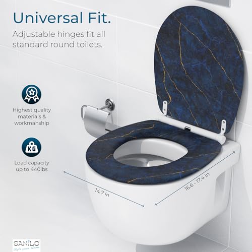 Image of Sanilo Wooden Toilet Seat with Quick Release & Soft Close [ROUND] - Decorative & Slow Close Molded Wood Seat - With One Click for Easy Installation & Cleaning - With Adjustable Fit (Marble Darkblue)