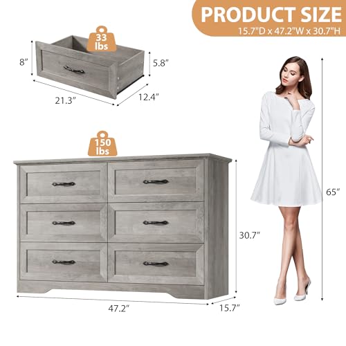 GarveeHome 6 Drawers Dresser for Bedroom,Chest of Drawers with Wide Metal Handle,Farmhouse Modern Wooden Dresser,Natural Texture,Storage Organizer Dresser for Bedroom,Living Room,Kids Room(Grey)