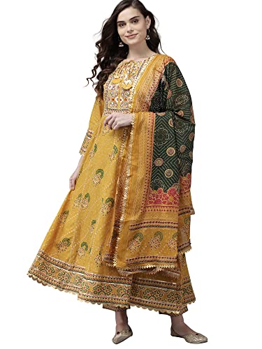 Image of INDO ERA Women's Embroidered Cotton Blend Anarkali Kurta With Pant & Dupatta Set (RRRRR8108)