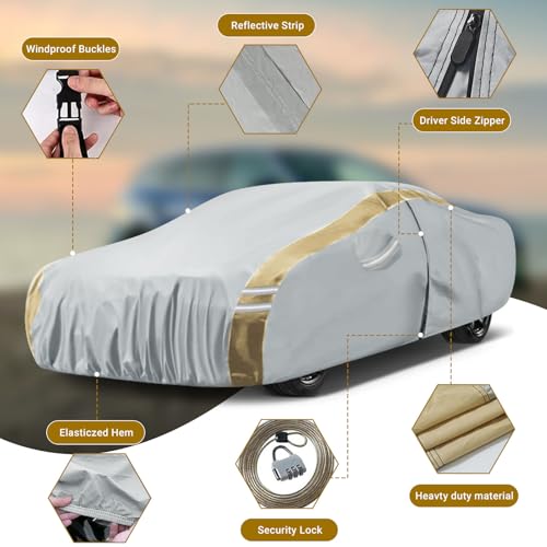 Image of Car Cover Custom Fit for Dodge Challenger 2008-2025 | Heavy Duty Waterproof Full Car Protection Cover with Zipper Door, Reflective Strips, All Weather Sun Rain Snow UV Protection