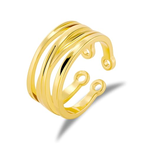 ALEXCRAFT Anillo Oro Mujer, Anillos Ajustable, Anillo Apilable Vintage, Onda, Hipoalergenicos, Oro 14 Quilates, Acero Inoxidable, Anillos de Compromiso, Amistad, Regalo para Novia Madre