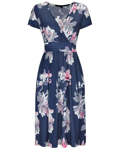 Image of OUGES Casual Summer Dress for Women Wrap V Neck A Line Midi Dresses with Pockets