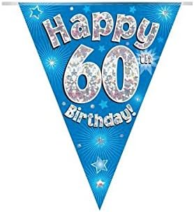 Happy 60th Birthday Blue Holographic Foil Party Bunting 3.9m Long 11 Flags