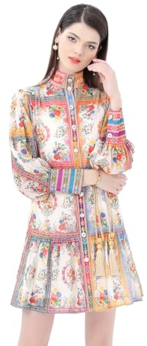 Image of LAI MENG FIVE CATS Women's Floral Print Lantern Sleeve Ruffle Casual Button Belted Thin Loose Fit Mini Dress