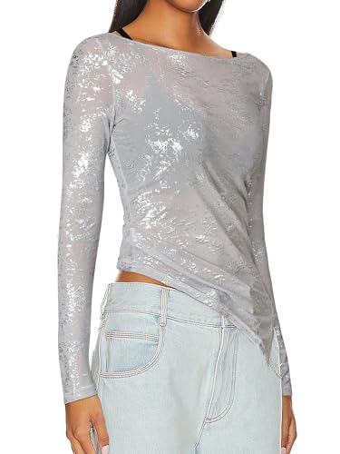 Women's Long Sleeve See Through Glitter Tops Ladies Boat Neck Mesh Sheer Sparkly Sexy Tight Blouses3