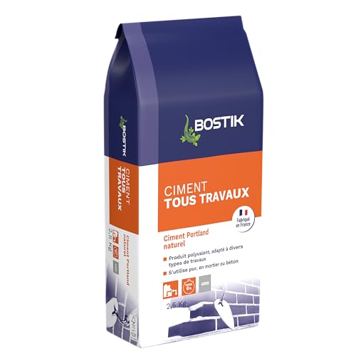 Bostik Ciment Tous Travaux Gris – Mortier Polyvalent Intérieur/Extérieur –Idéal Réparations, Enduit, Chapes, Jointoiement & Scellement – Usage Pur, Mortier ou Béton – 5kg