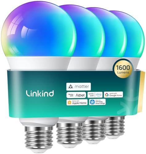 Linkind Matter Smart Light Bulb,1600LM 100W Smart Bulbs Work with Alexa/Apple Home/Google Home/SmartThings, RGBTW LED Color Changing Bulbs Music Sync, 2.4GHz Wi-Fi Light Bulbs LED 11W, A21 E26, 4Pack