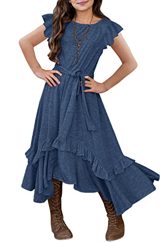 MITILLY Girls Loose Plain 3/4 Sleeve Casual Pocket Ruffle Swing Long Maxi Dress with Belt