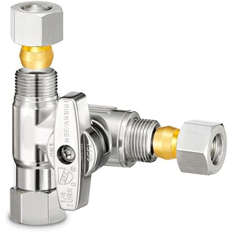 3/8" Brass Compression Angle Stop Valve, Water Line Splitter Connector Tee for Dishwasher, Commercial Sink Faucet, and Water Supply Line Cover