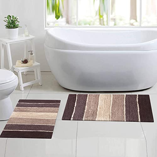 Chardin Home Cordural Stripes Bath Mat, Set Of 2 Bath Rugs (17 Inches X24 Inches & 21 Inches X34 Inches) | Non Slip Bathroom Rug, Machine Washable, Plush, Highly Absorbent |Brown-Beige Ombre #TOP1