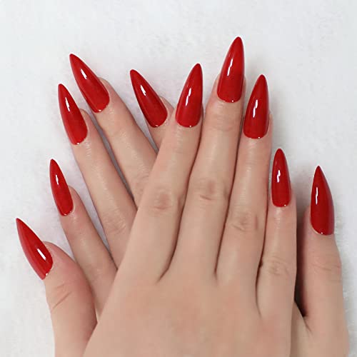All Red Glossy False Nails Long Stiletto Full Cover Acrylic Hot Sexy Almond Solid Color Press On Nails 24 pcs/kit