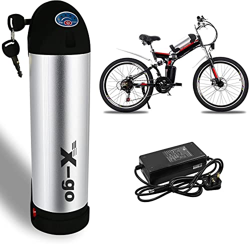 X-go Ebike Battery, 36V 10AH Electric Bicycle Battery E-bike Lithium Battery Bottle Type with Charger, Safe Lock, 4 Pin Base Plate for 350W 250W 200W Motor (36V 10AH 4 Pin Silver)