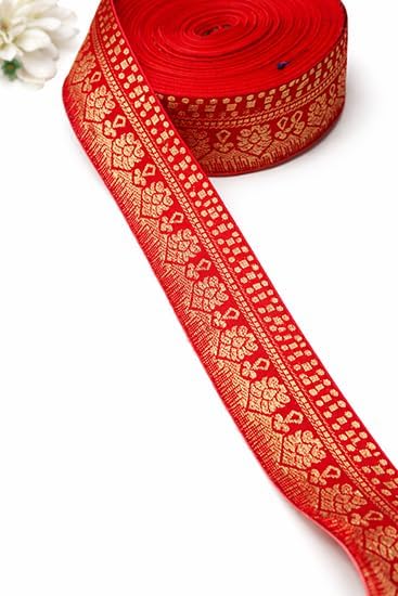 Image of Banarasi Silk Border Lace for Saree, Dupatta, Lehenga, Suit, Blouse & Home Furnishing, Crafting DIY (Scarlet Gold, 9 Meters x 2 Inch)