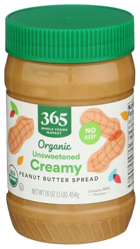 Image of 365 by Whole Foods Market, Organic Creamy Peanut Butter Spread, Unsweetened, No Stir, 16 Ounce