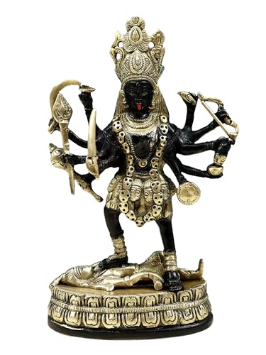 Exotic India Black with Natural Brass 9" Hindu Goddess Maa Kali Idol Murti Brass Statue | Figurine Home Temple Mandir Decor Religion Pooja Decoration Item