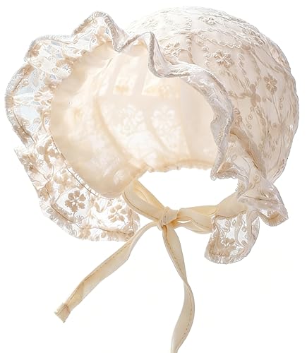 Baby Girls Boys Bonnet Newborn Infant Soft Double Layer Sun Hat Toddlers Lace Court Cap with Chin Strap Beige